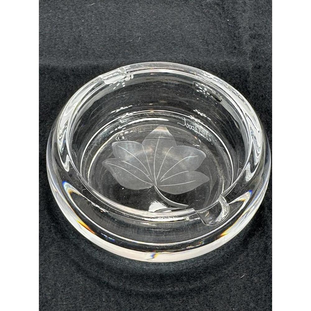 Vintage Heavy Lead Cut Bohemian Crystal Ashtray Etched Flower Signed Altart